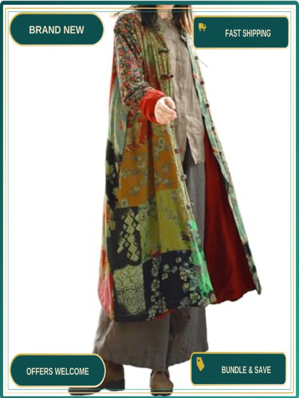 Patchwork Trench Coat Cotton Linen Floral Long Jacket Loose Fit Duster